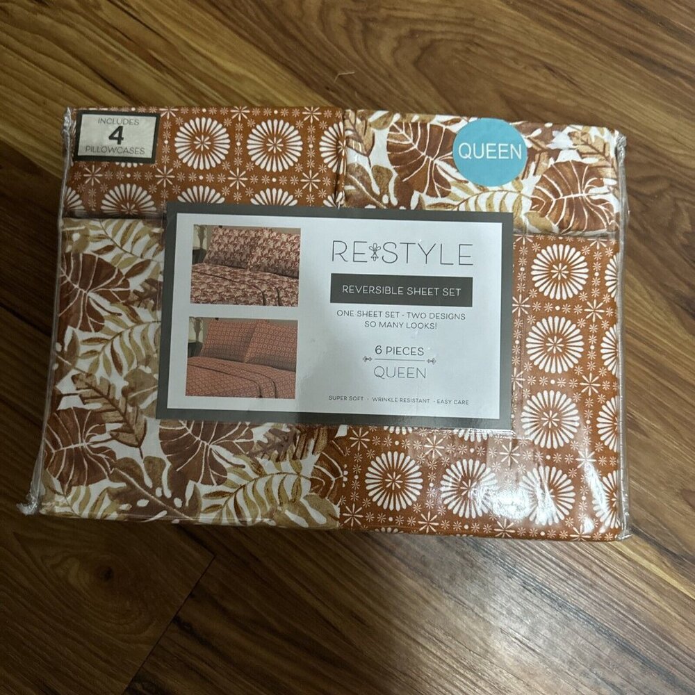 Re Style QUEEN sheet Set 80’s Floral‎ Brown & Cream 6 pc Fall Leaves New